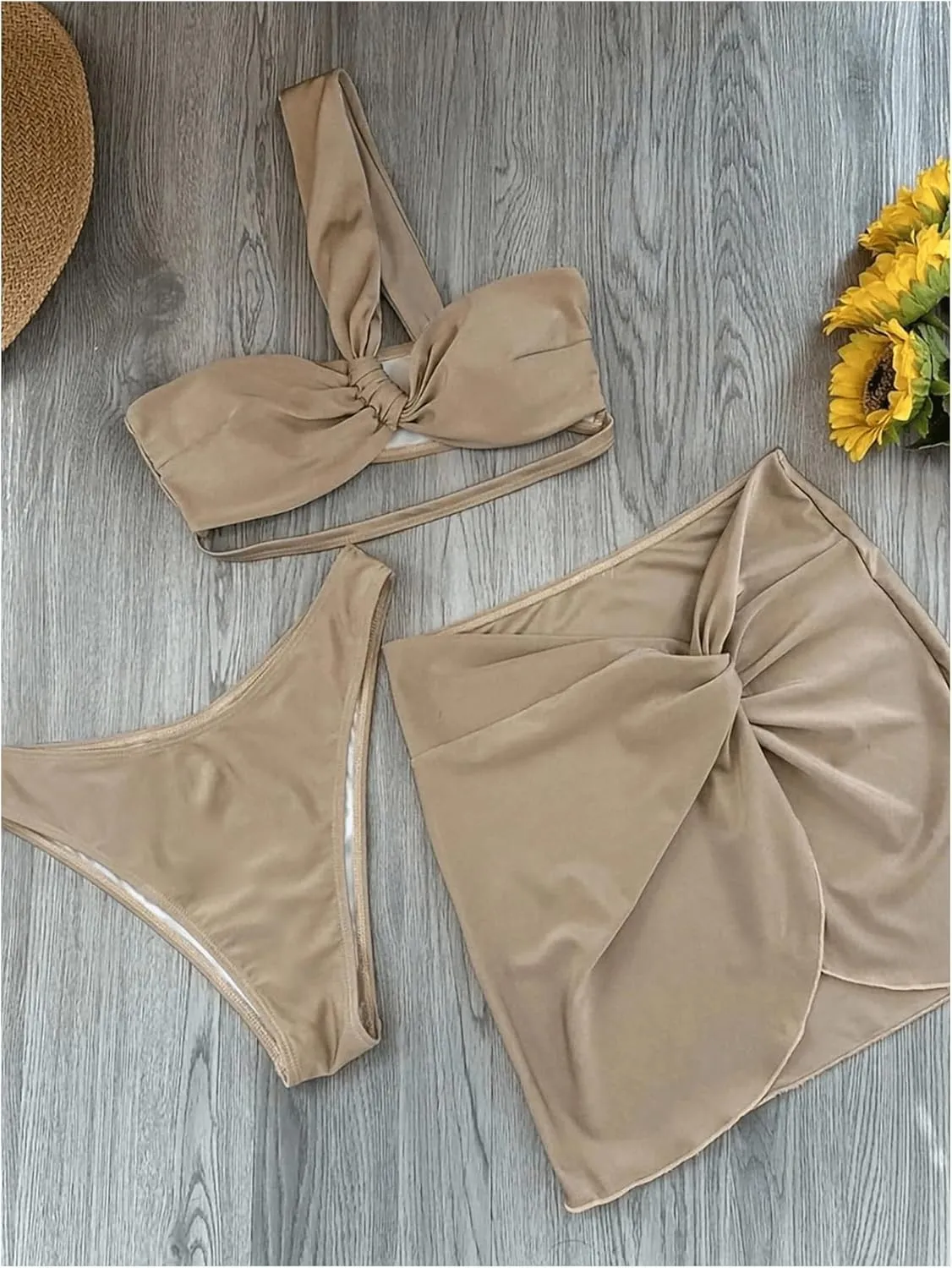 SHENHE Women's 3 Piece Swimsuit One Shoulder Ruched Cut Out Bikini Set with Cover Up Skirt