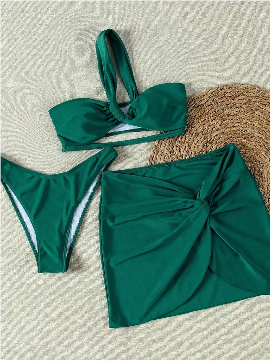 SHENHE Women's 3 Piece Swimsuit One Shoulder Ruched Cut Out Bikini Set with Cover Up Skirt
