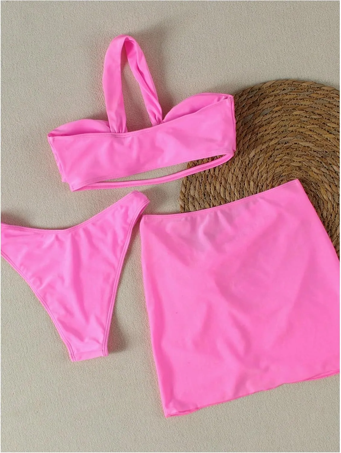 SHENHE Women's 3 Piece Swimsuit One Shoulder Ruched Cut Out Bikini Set with Cover Up Skirt