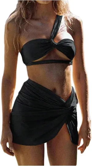 SHENHE Women's 3 Piece Swimsuit One Shoulder Ruched Cut Out Bikini Set with Cover Up Skirt