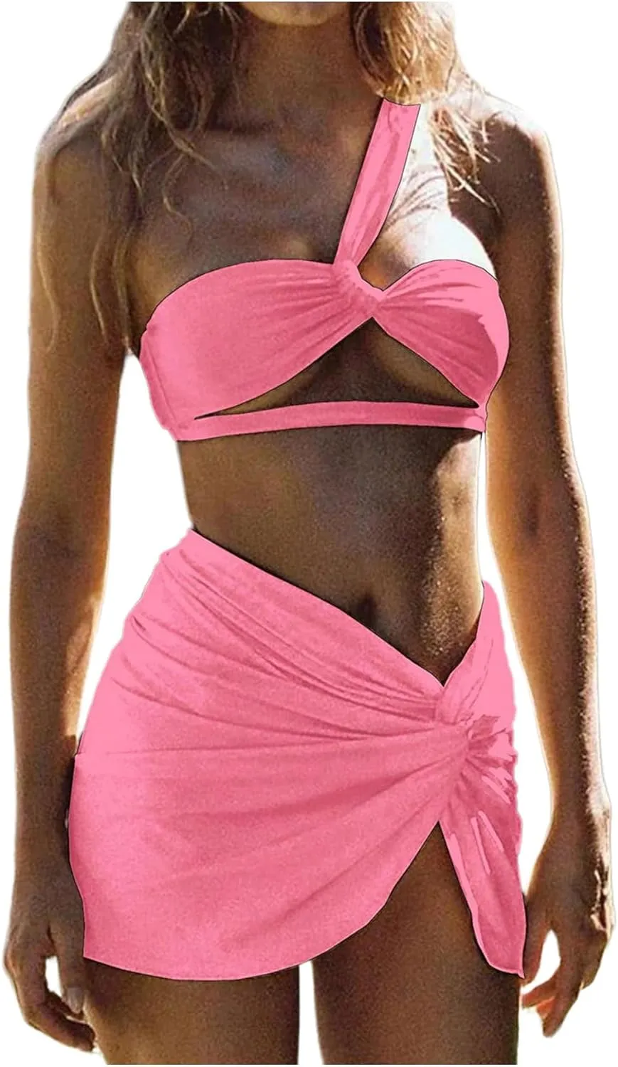 SHENHE Women's 3 Piece Swimsuit One Shoulder Ruched Cut Out Bikini Set with Cover Up Skirt
