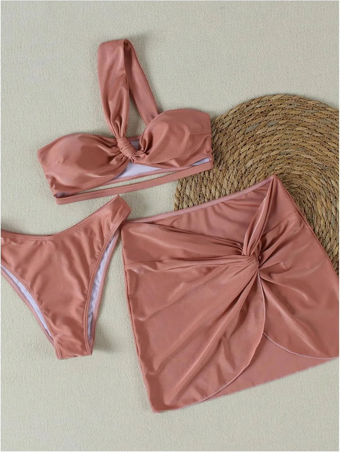 SHENHE Women's 3 Piece Swimsuit One Shoulder Ruched Cut Out Bikini Set with Cover Up Skirt