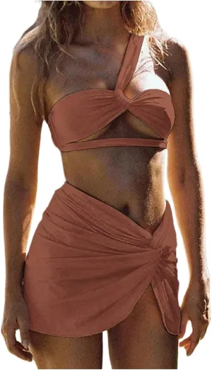 SHENHE Women's 3 Piece Swimsuit One Shoulder Ruched Cut Out Bikini Set with Cover Up Skirt