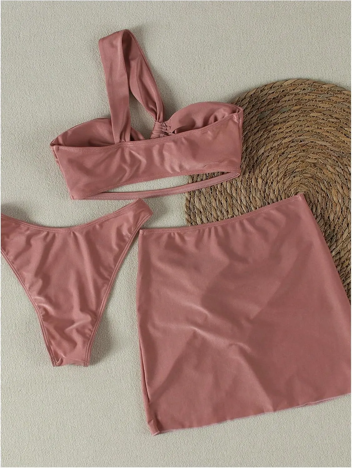 SHENHE Women's 3 Piece Swimsuit One Shoulder Ruched Cut Out Bikini Set with Cover Up Skirt