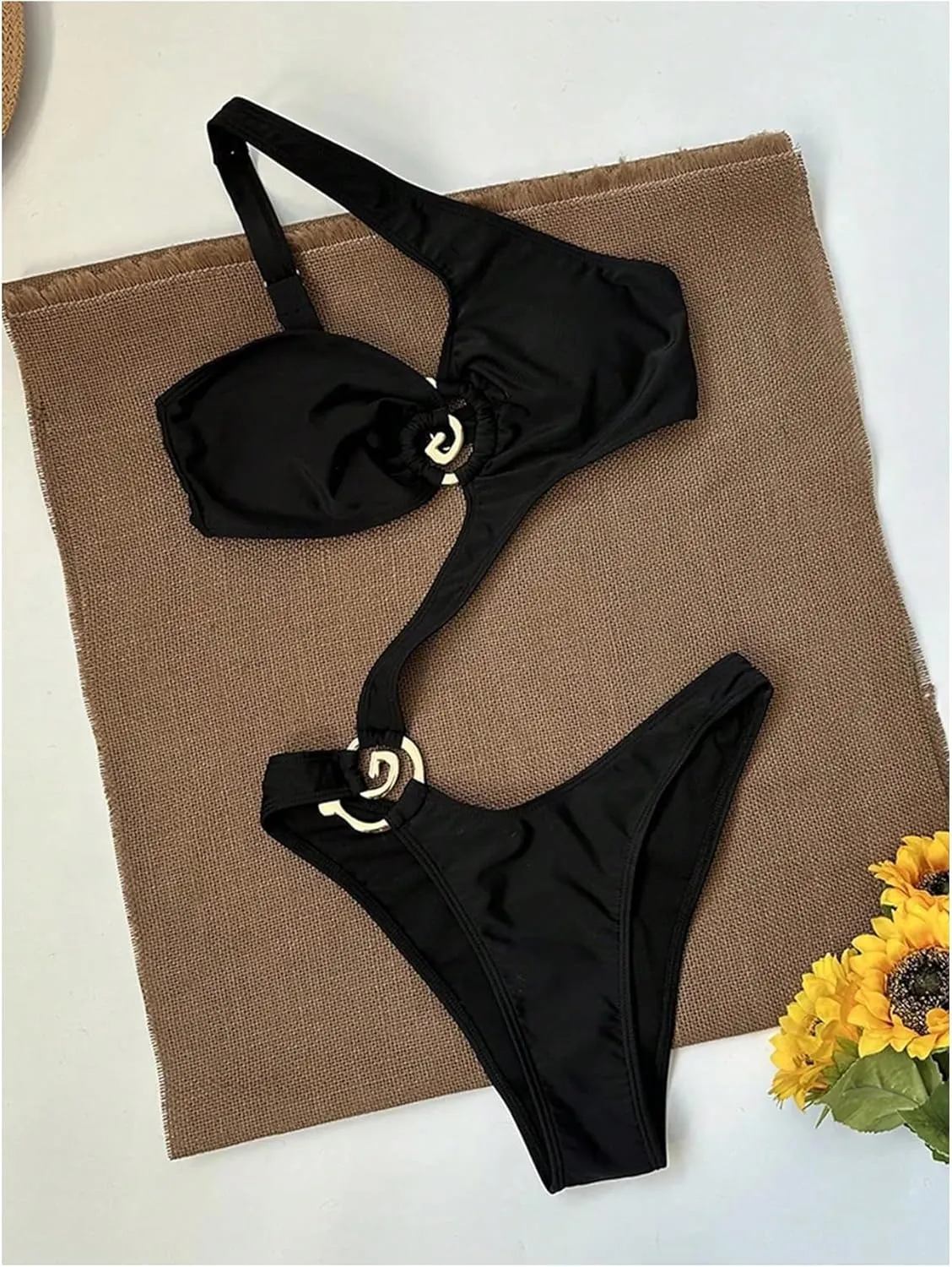 SHENHE Women's Sexy One Piece Bathing Suit One Shoulder Ruched Metal Ring Cut Out Monokini Swimsuit