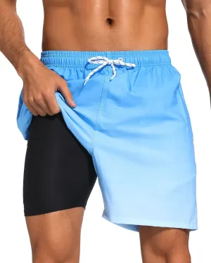 SILKWORLD Mens Swim Trunks with Compression Liner 2 in 1 Quick Dry Bathing Suit Beach Shorts with Zipper Pockets
