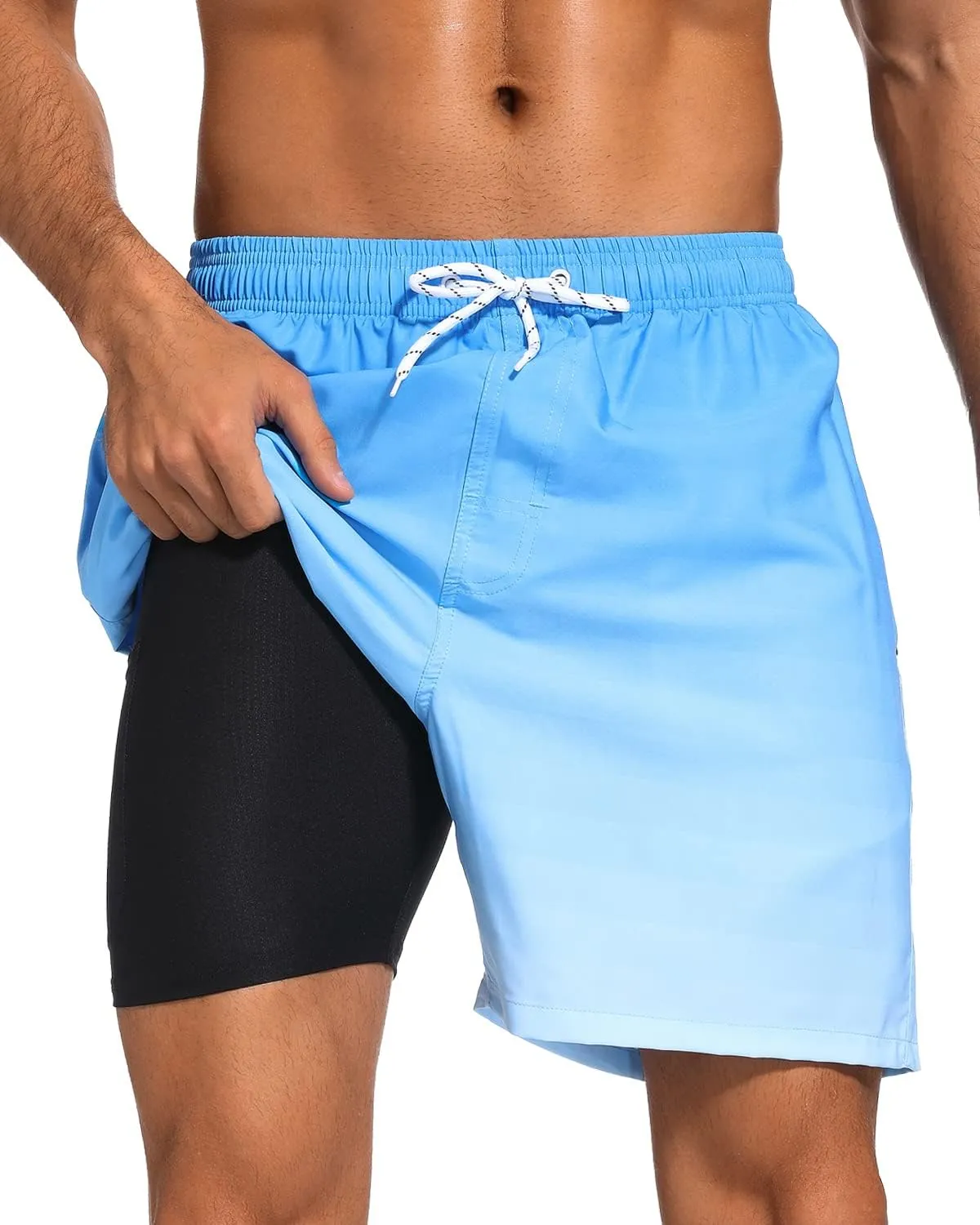 SILKWORLD Mens Swim Trunks with Compression Liner 2 in 1 Quick Dry Bathing Suit Beach Shorts with Zipper Pockets