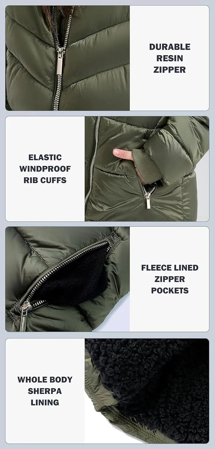 SOLOCOTE Girls Puffer Winter Coat Faux Down Fur Hood Sherpa Lined Heavyweight Water-Resistant Parka Jacket