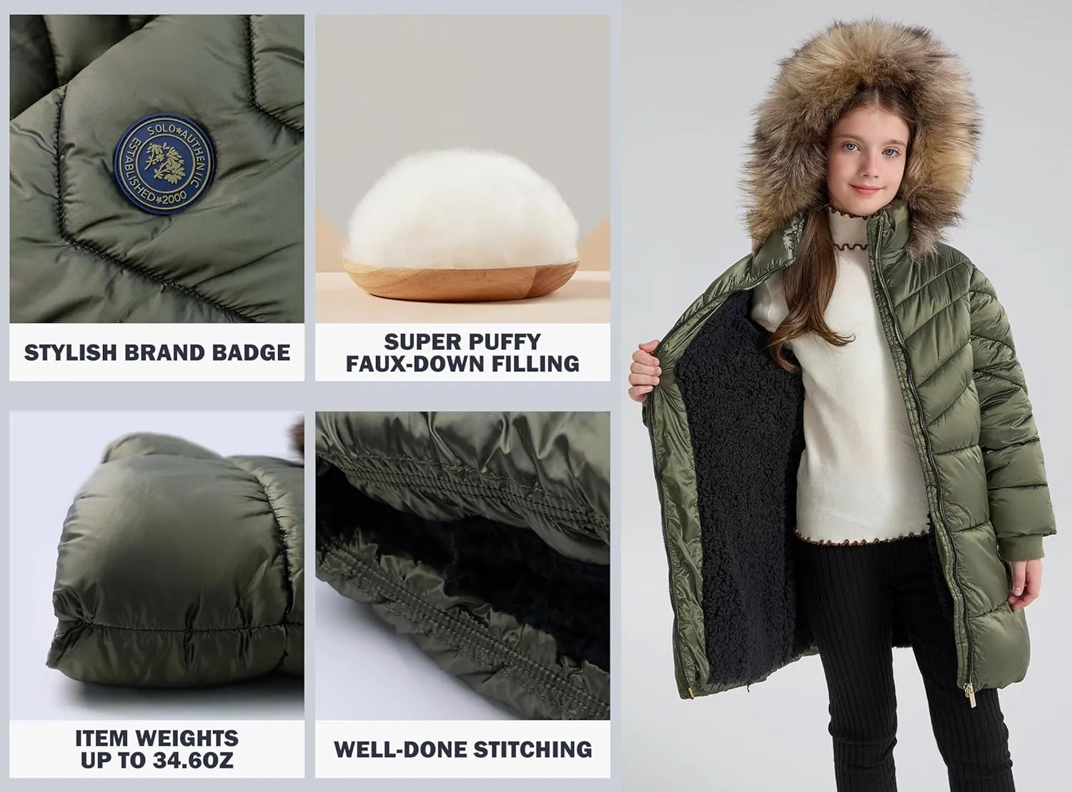 SOLOCOTE Girls Puffer Winter Coat Faux Down Fur Hood Sherpa Lined Heavyweight Water-Resistant Parka Jacket