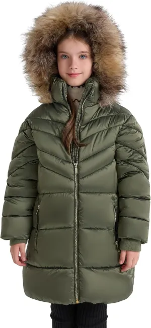 SOLOCOTE Girls Puffer Winter Coat Faux Down Fur Hood Sherpa Lined Heavyweight Water-Resistant Parka Jacket