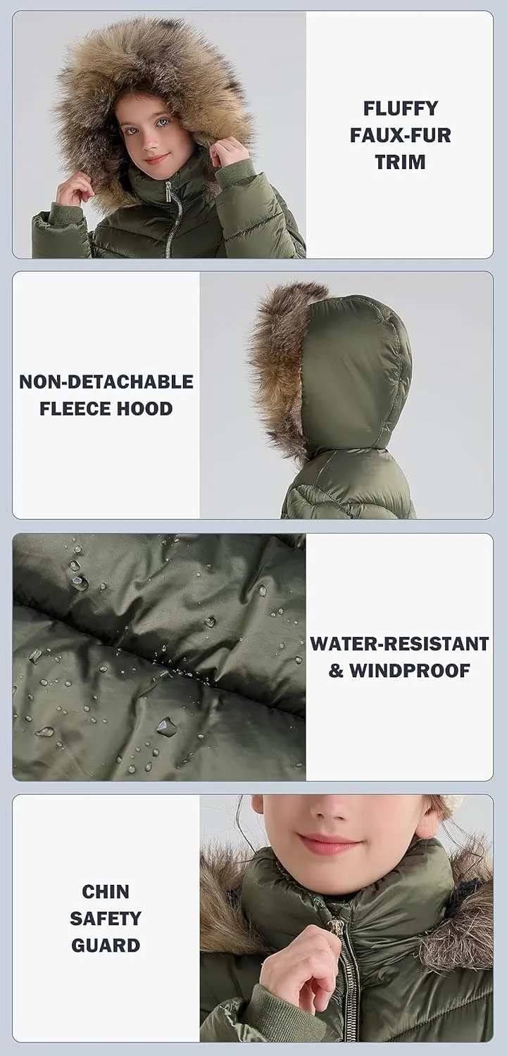 SOLOCOTE Girls Puffer Winter Coat Faux Down Fur Hood Sherpa Lined Heavyweight Water-Resistant Parka Jacket