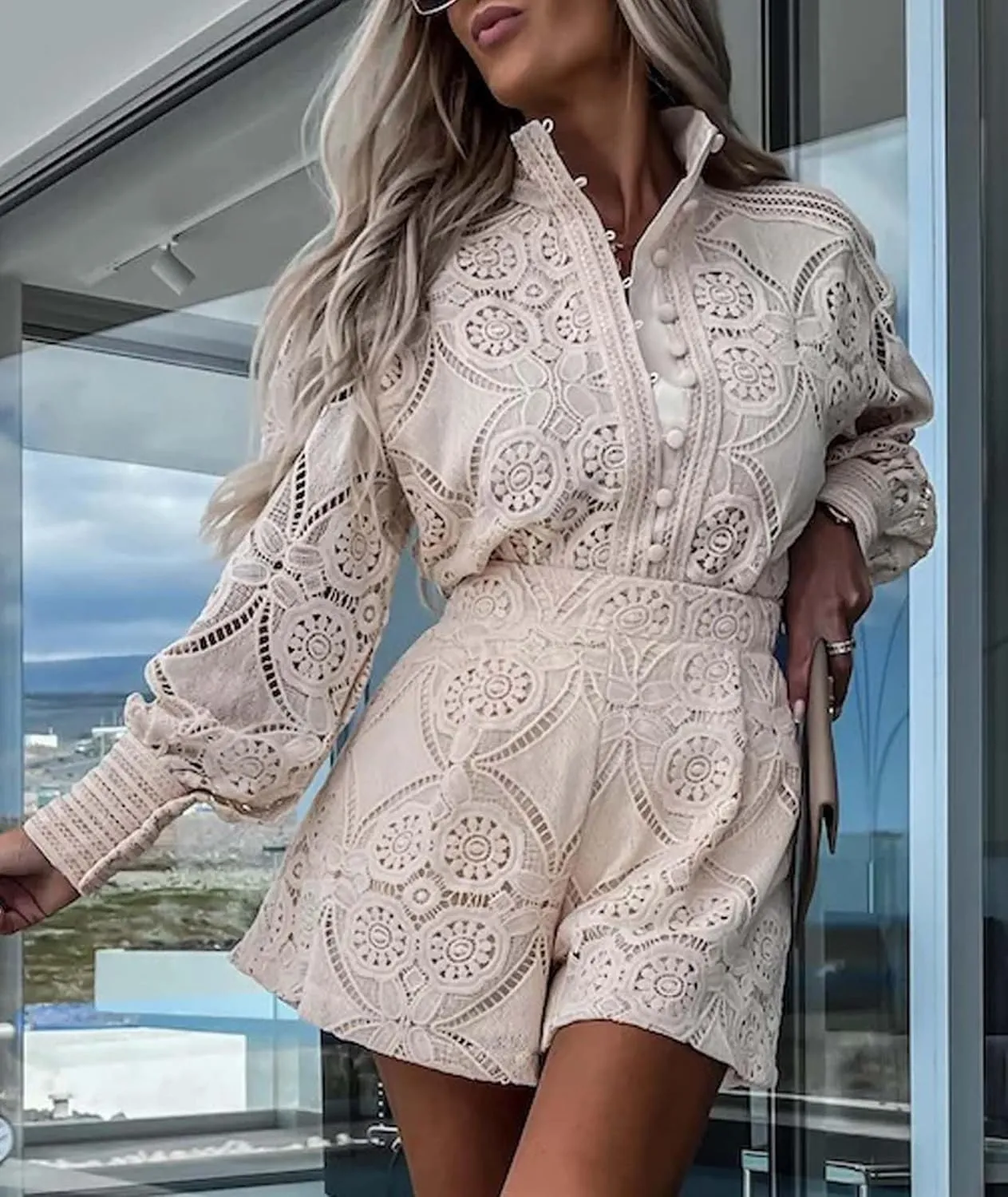 SOMTHRON Women's Summer Eyelet Lace Two Piece Outfits Long Sleeve Blouse Tops Shorts Floral Embroidery Set