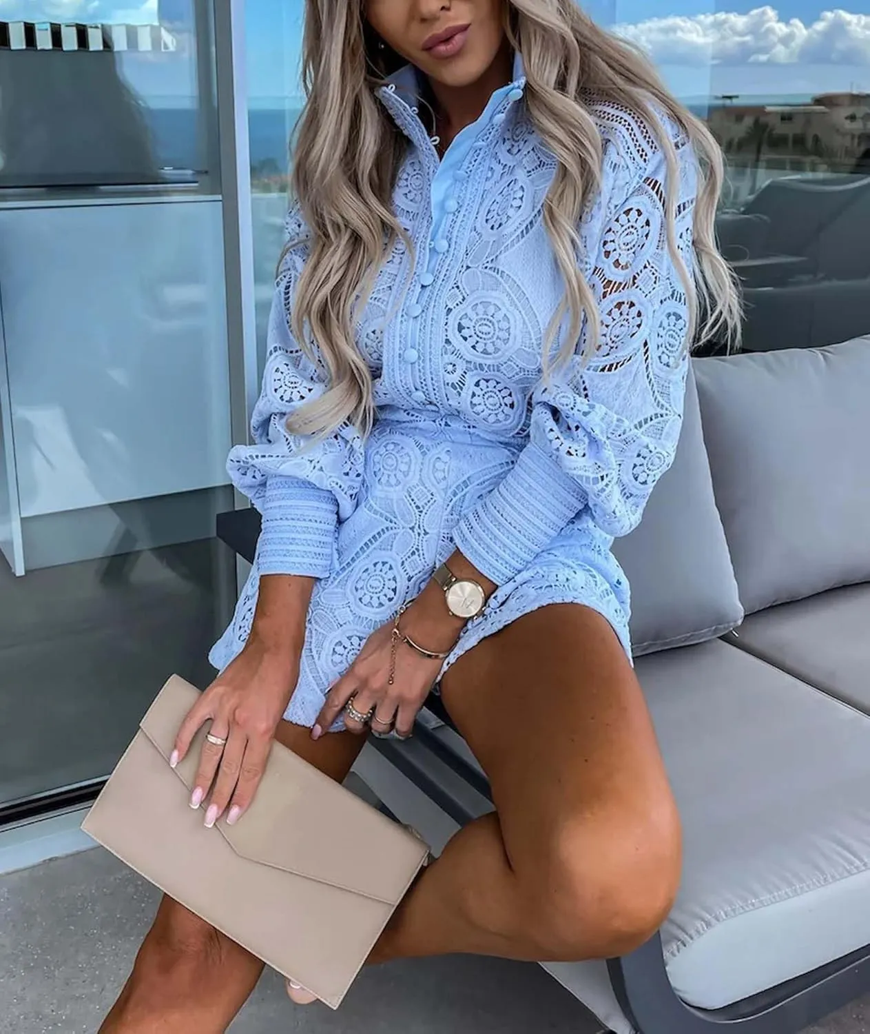 SOMTHRON Women's Summer Eyelet Lace Two Piece Outfits Long Sleeve Blouse Tops Shorts Floral Embroidery Set