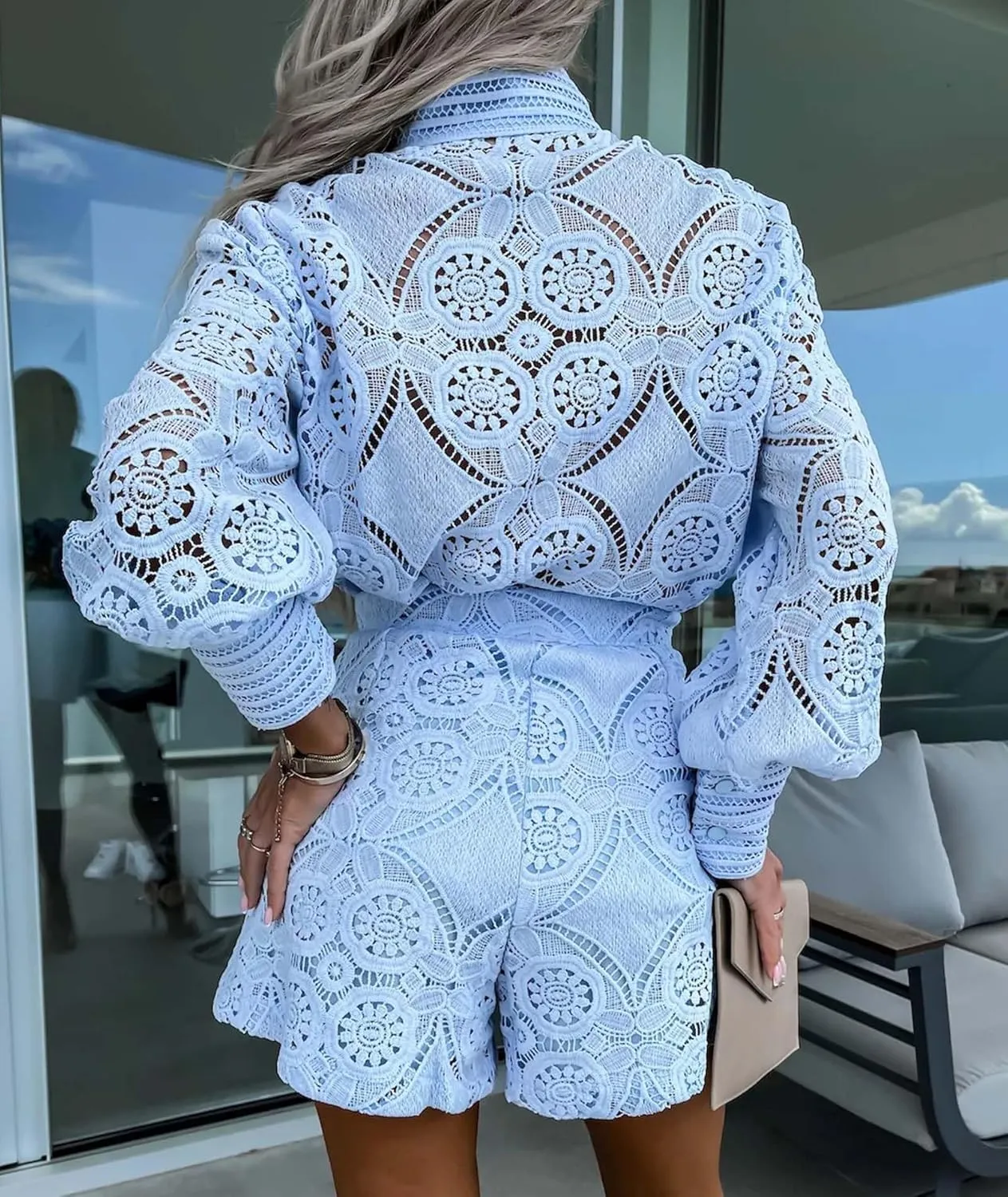 SOMTHRON Women's Summer Eyelet Lace Two Piece Outfits Long Sleeve Blouse Tops Shorts Floral Embroidery Set