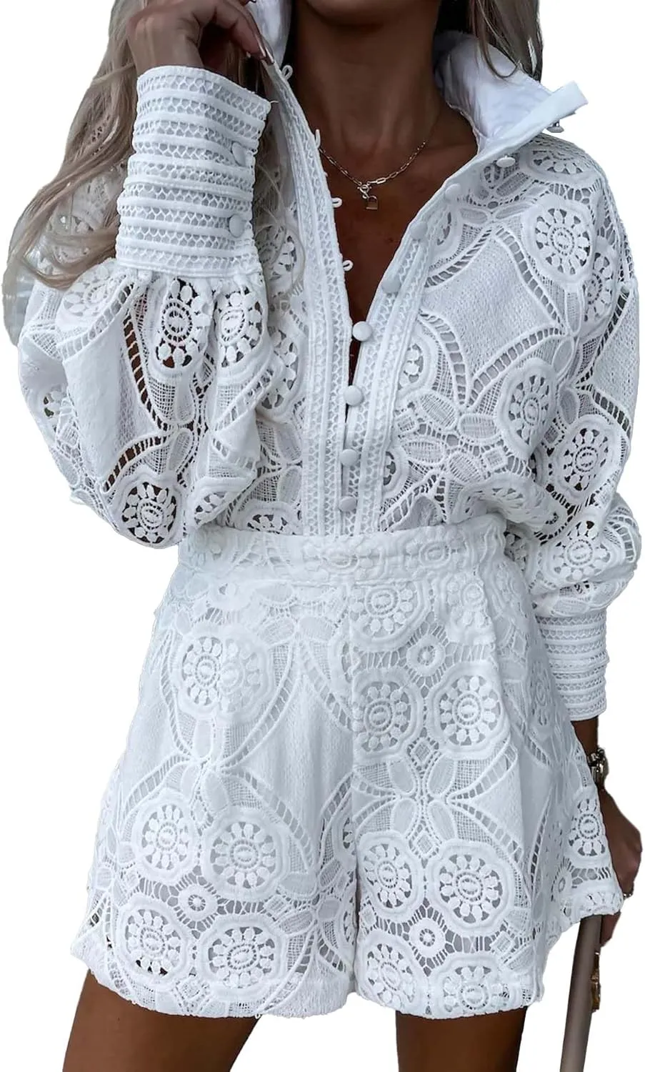 SOMTHRON Women's Summer Eyelet Lace Two Piece Outfits Long Sleeve Blouse Tops Shorts Floral Embroidery Set