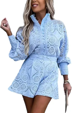 SOMTHRON Women's Summer Eyelet Lace Two Piece Outfits Long Sleeve Blouse Tops Shorts Floral Embroidery Set
