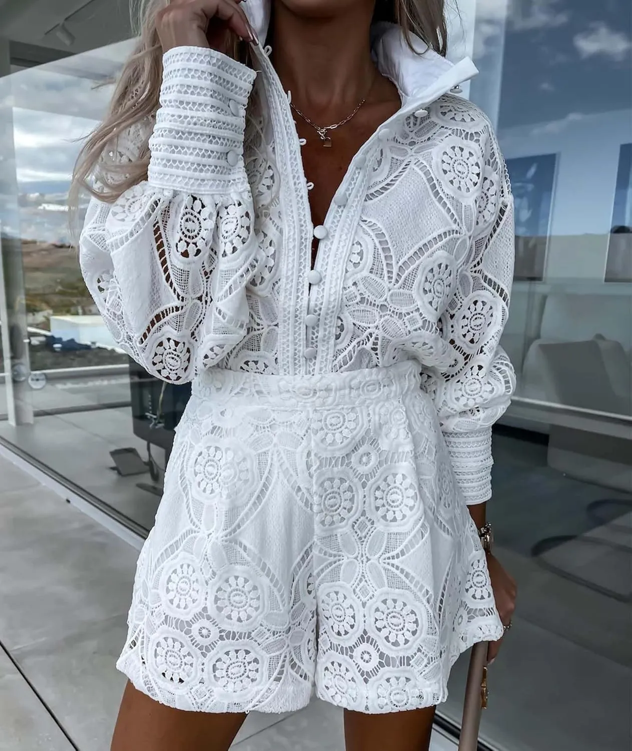 SOMTHRON Women's Summer Eyelet Lace Two Piece Outfits Long Sleeve Blouse Tops Shorts Floral Embroidery Set