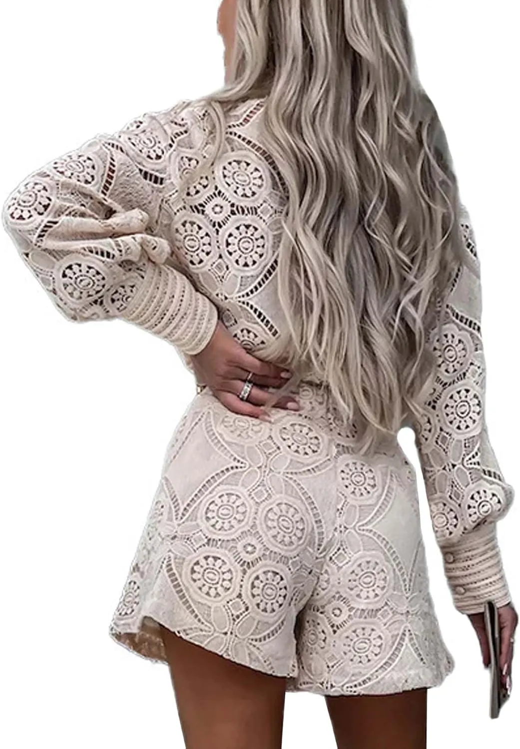 SOMTHRON Women's Summer Eyelet Lace Two Piece Outfits Long Sleeve Blouse Tops Shorts Floral Embroidery Set