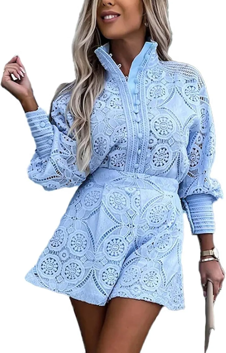 SOMTHRON Women's Summer Eyelet Lace Two Piece Outfits Long Sleeve Blouse Tops Shorts Floral Embroidery Set