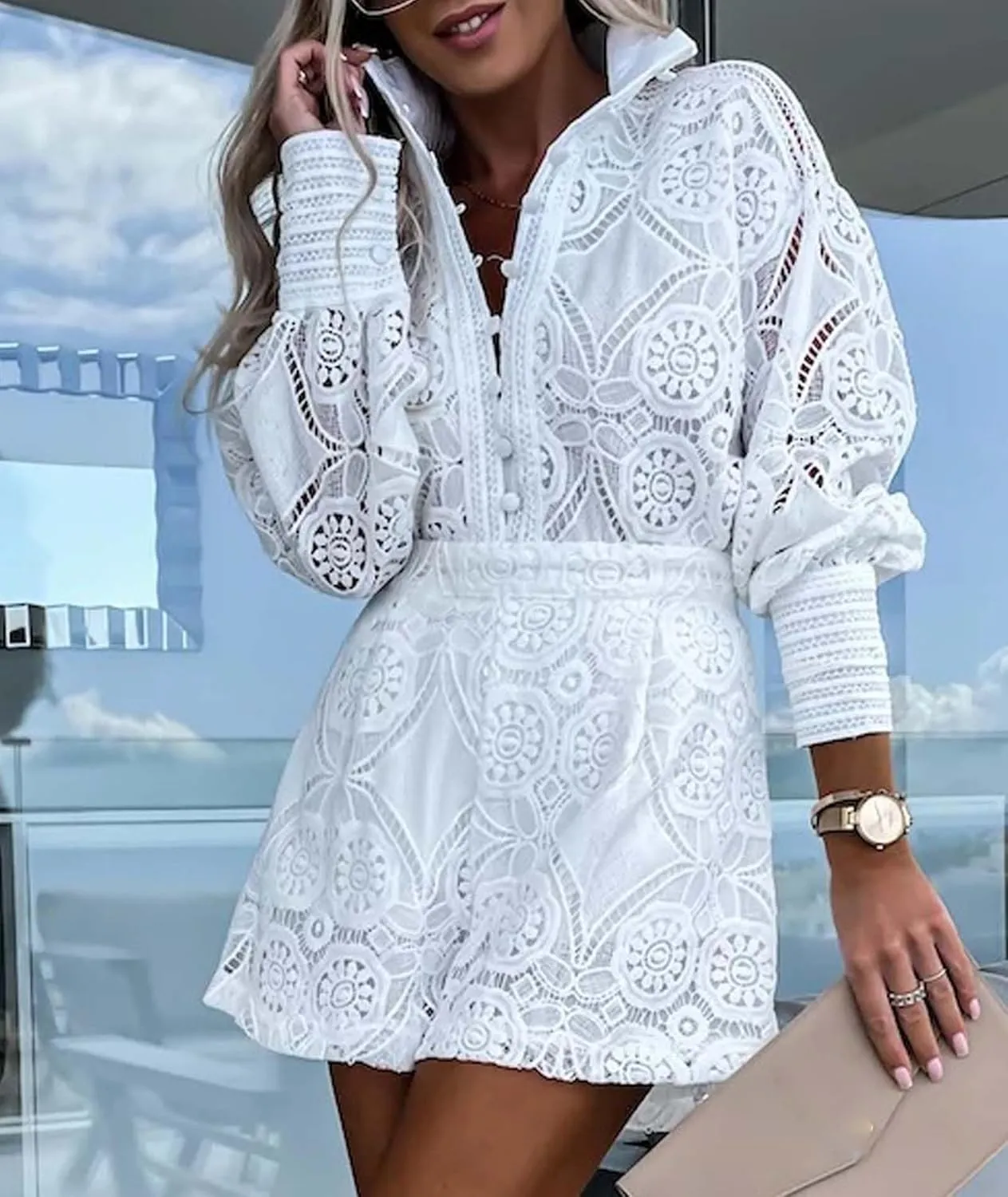 SOMTHRON Women's Summer Eyelet Lace Two Piece Outfits Long Sleeve Blouse Tops Shorts Floral Embroidery Set