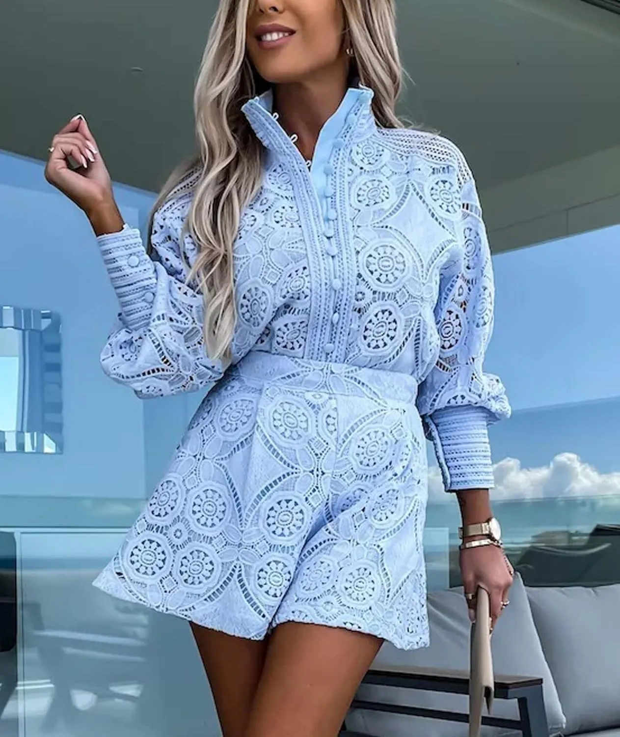 SOMTHRON Women's Summer Eyelet Lace Two Piece Outfits Long Sleeve Blouse Tops Shorts Floral Embroidery Set