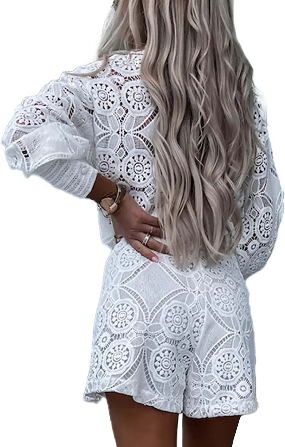 SOMTHRON Women's Summer Eyelet Lace Two Piece Outfits Long Sleeve Blouse Tops Shorts Floral Embroidery Set