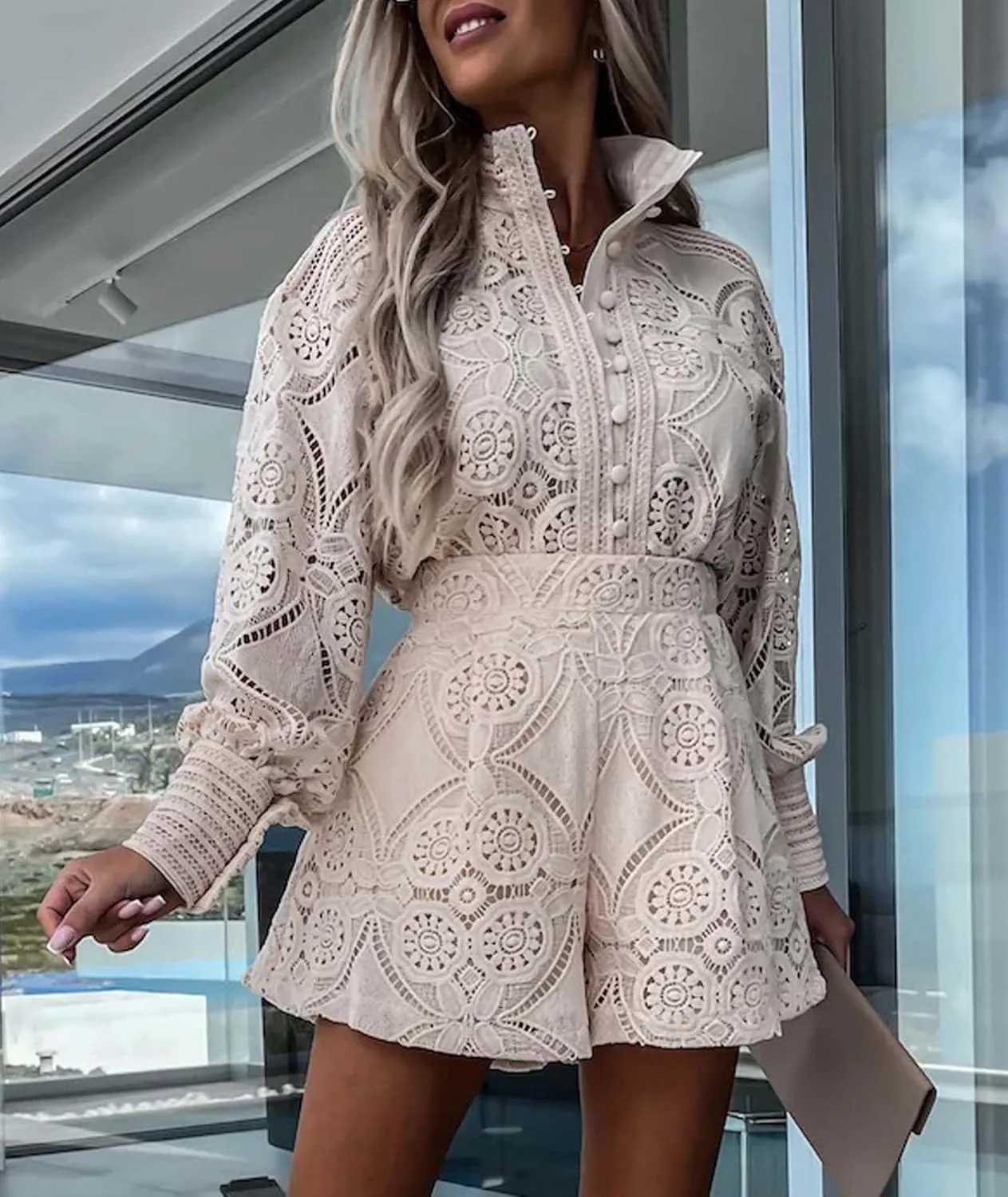 SOMTHRON Women's Summer Eyelet Lace Two Piece Outfits Long Sleeve Blouse Tops Shorts Floral Embroidery Set