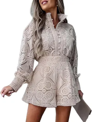 SOMTHRON Women's Summer Eyelet Lace Two Piece Outfits Long Sleeve Blouse Tops Shorts Floral Embroidery Set