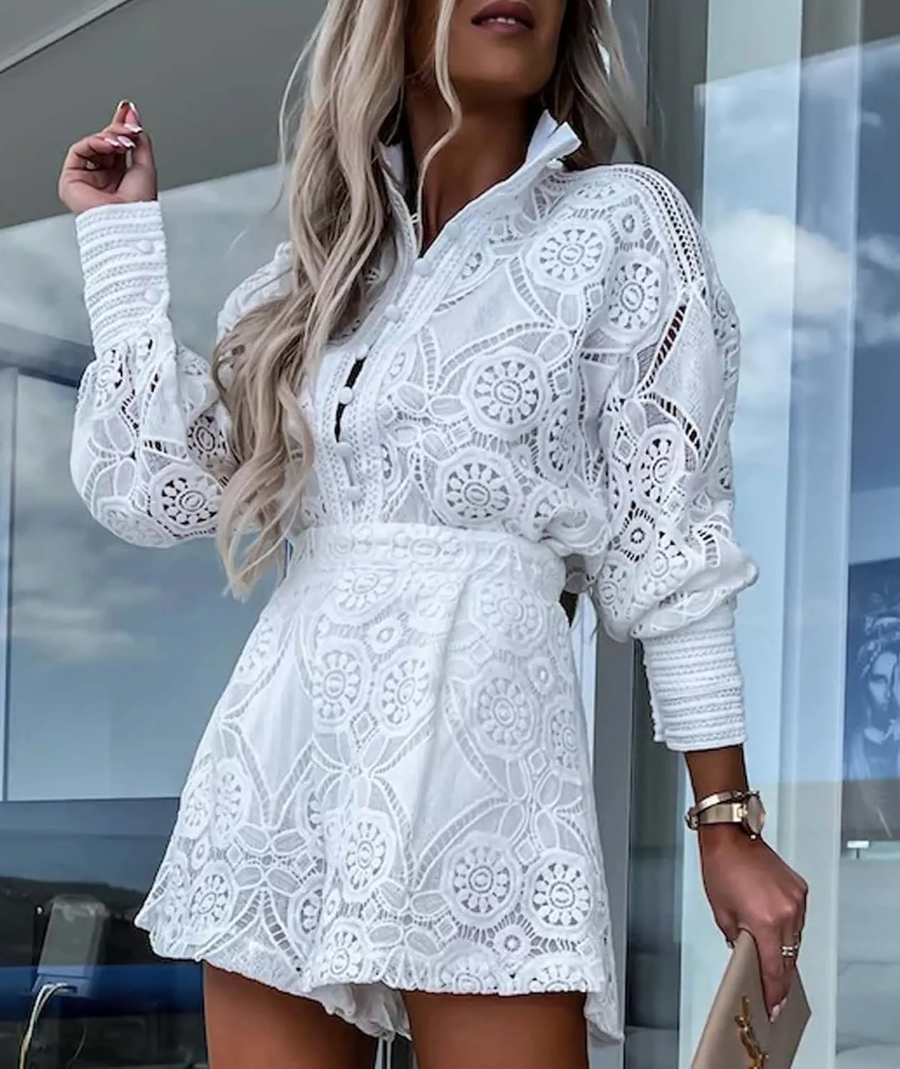 SOMTHRON Women's Summer Eyelet Lace Two Piece Outfits Long Sleeve Blouse Tops Shorts Floral Embroidery Set