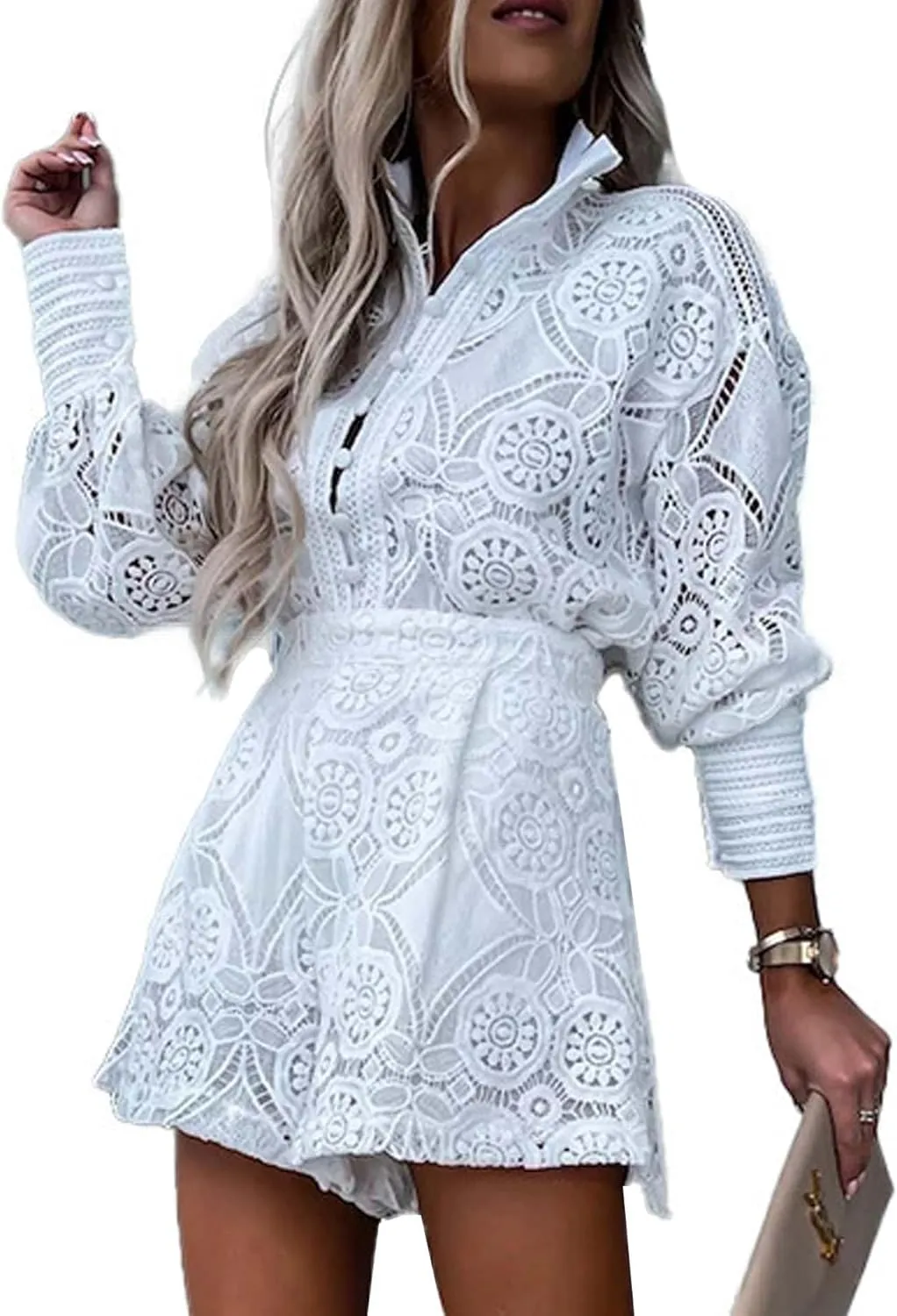 SOMTHRON Women's Summer Eyelet Lace Two Piece Outfits Long Sleeve Blouse Tops Shorts Floral Embroidery Set