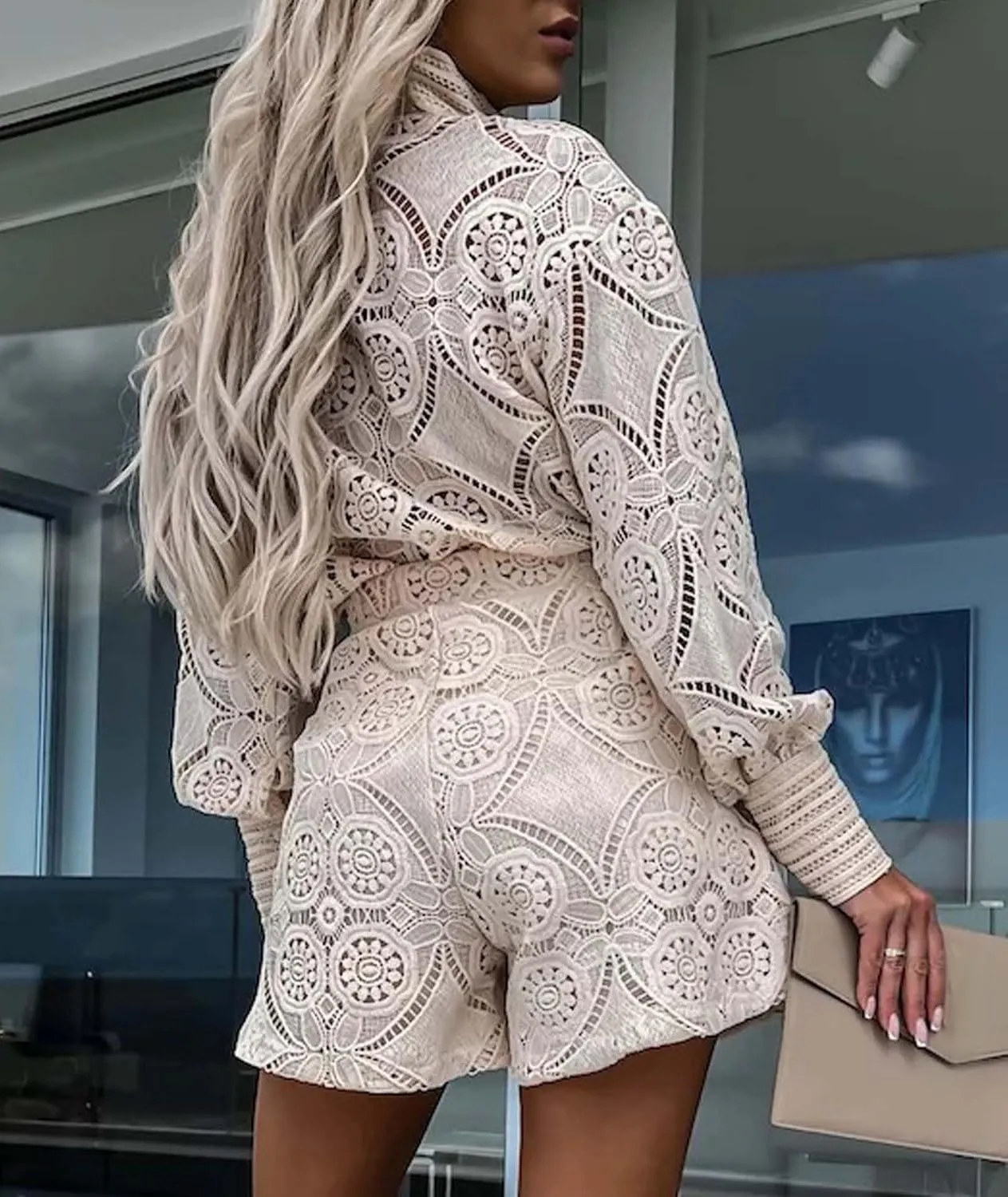 SOMTHRON Women's Summer Eyelet Lace Two Piece Outfits Long Sleeve Blouse Tops Shorts Floral Embroidery Set