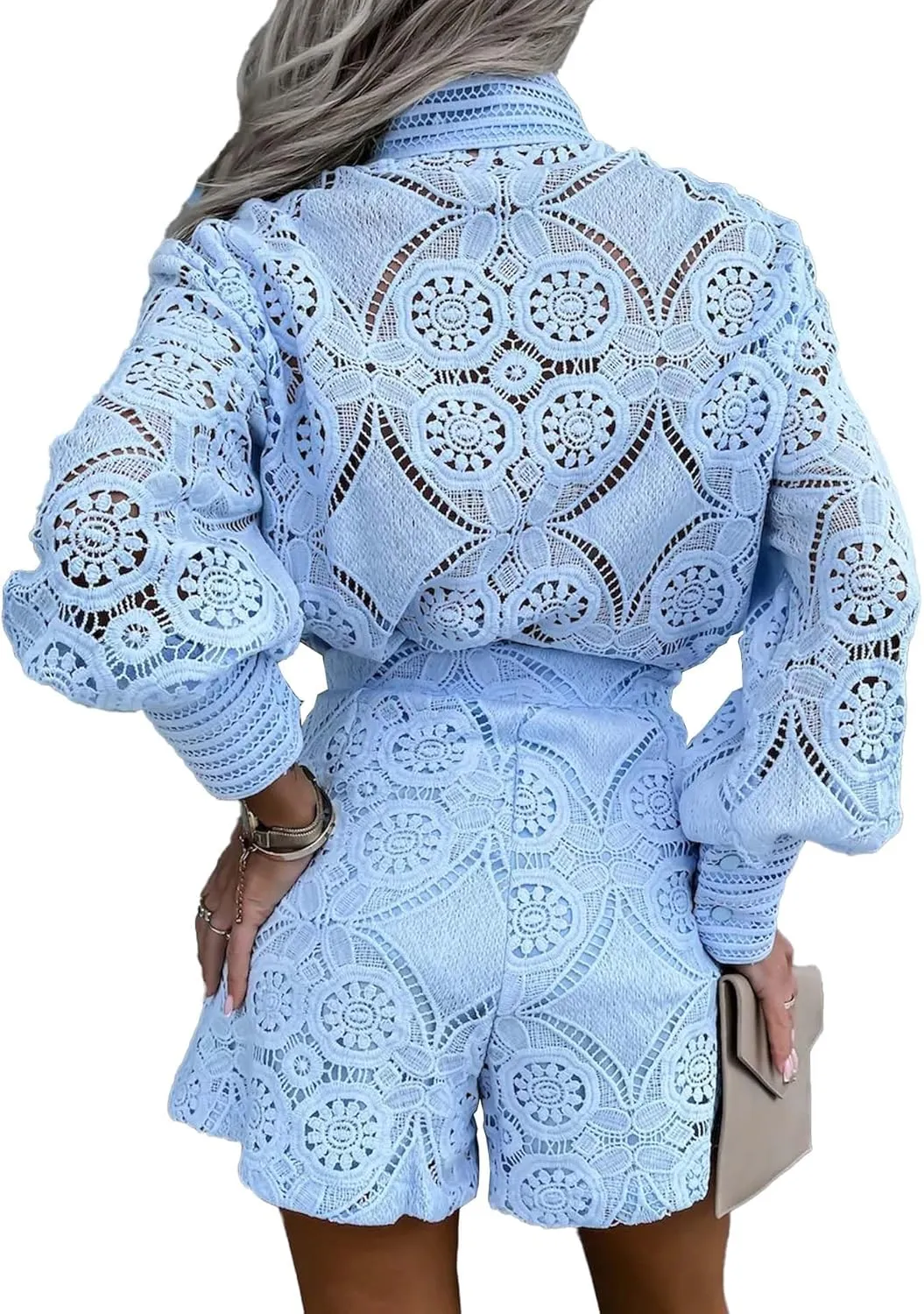 SOMTHRON Women's Summer Eyelet Lace Two Piece Outfits Long Sleeve Blouse Tops Shorts Floral Embroidery Set