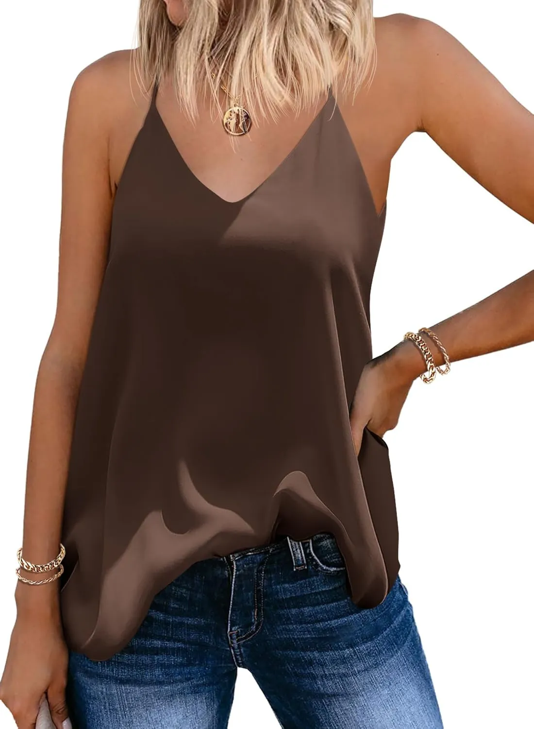 SUNAELIA Chiffon Cami V Neck Tank Tops for Women Loose Fit Flowy Spaghetti Strap Camisole Summer Casual Sleeveless Shirts