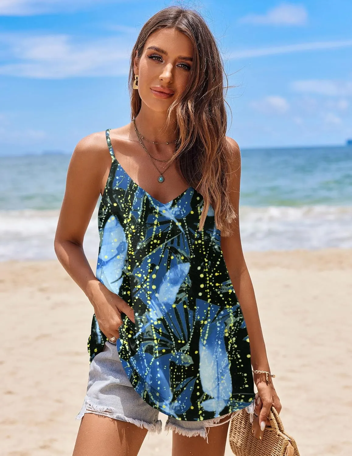 SUNAELIA Chiffon Cami V Neck Tank Tops for Women Loose Fit Flowy Spaghetti Strap Camisole Summer Casual Sleeveless Shirts