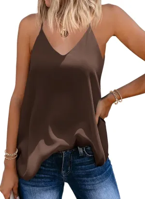 SUNAELIA Chiffon Cami V Neck Tank Tops for Women Loose Fit Flowy Spaghetti Strap Camisole Summer Casual Sleeveless Shirts