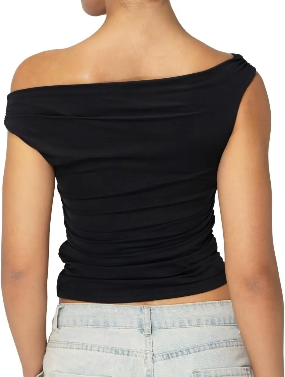 Sunzel Women's Off Shoulder Sleeveless Crop Top, Y2K Trendy Going Out Tank Shirt, Asymmetrical Neckline & Ruched Detail