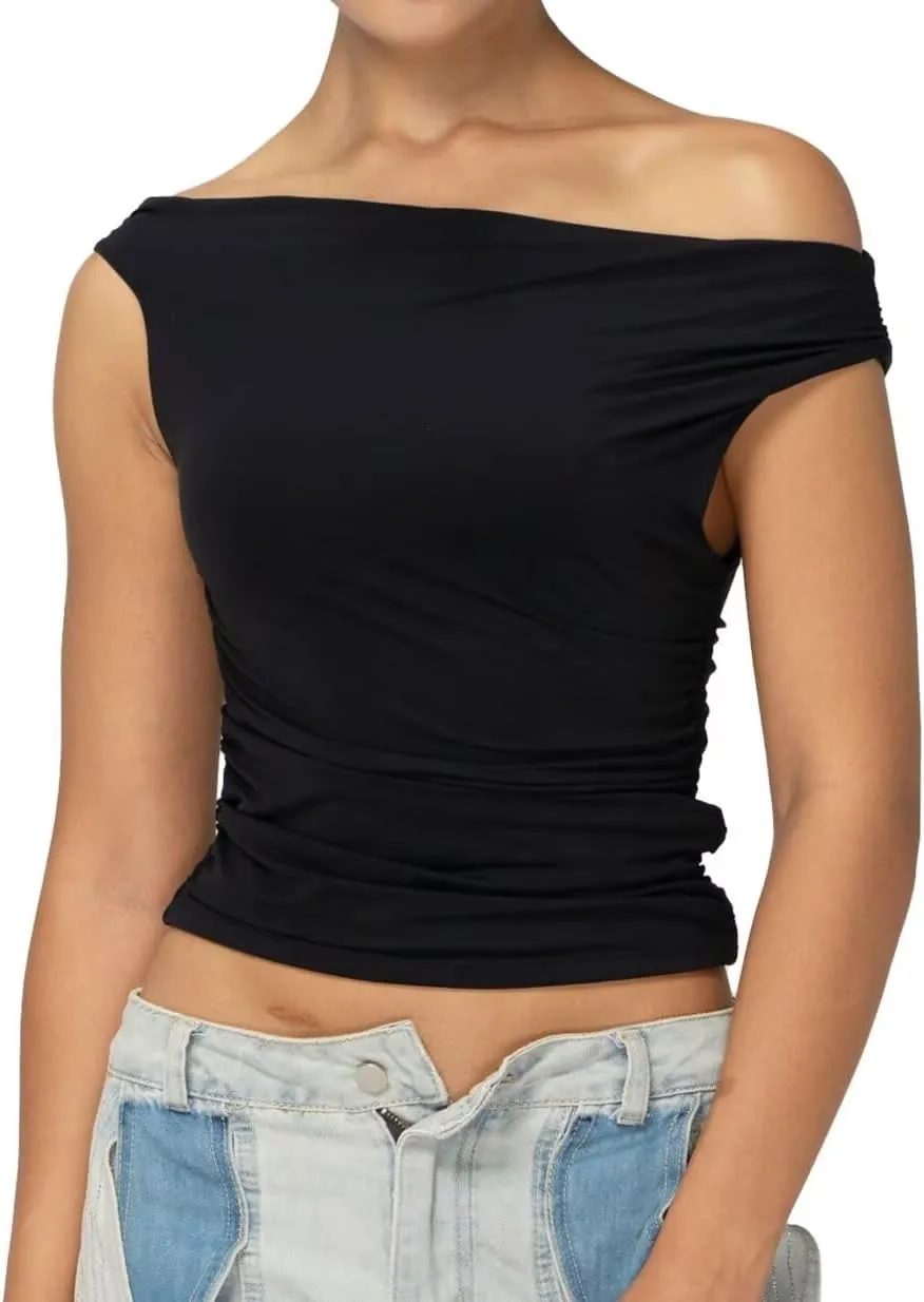 Sunzel Women's Off Shoulder Sleeveless Crop Top, Y2K Trendy Going Out Tank Shirt, Asymmetrical Neckline & Ruched Detail