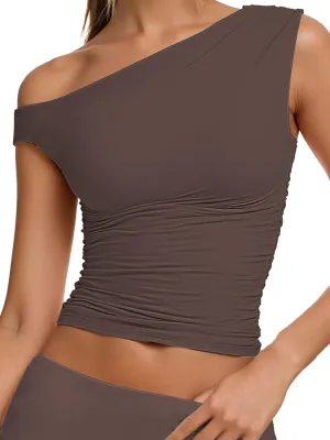 Sunzel Women's Off Shoulder Sleeveless Crop Top, Y2K Trendy Going Out Tank Shirt, Asymmetrical Neckline & Ruched Detail