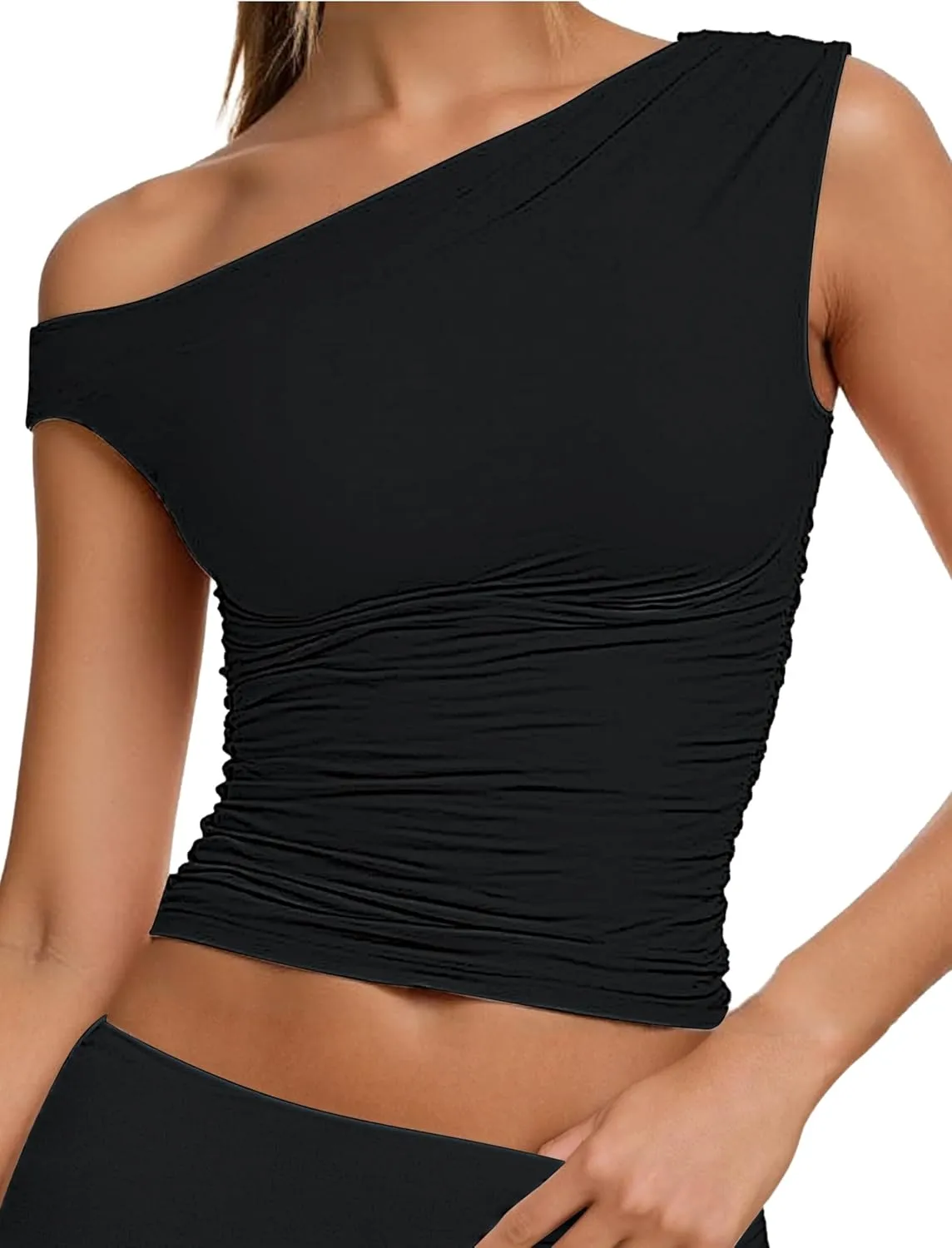 Sunzel Women's Off Shoulder Sleeveless Crop Top, Y2K Trendy Going Out Tank Shirt, Asymmetrical Neckline & Ruched Detail