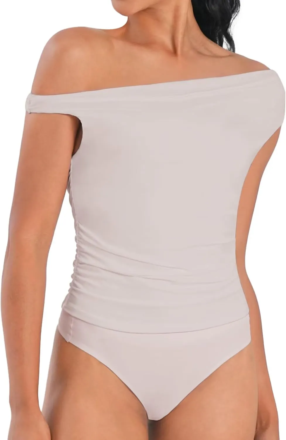 Sunzel Women's Off Shoulder Sleeveless Crop Top, Y2K Trendy Going Out Tank Shirt, Asymmetrical Neckline & Ruched Detail