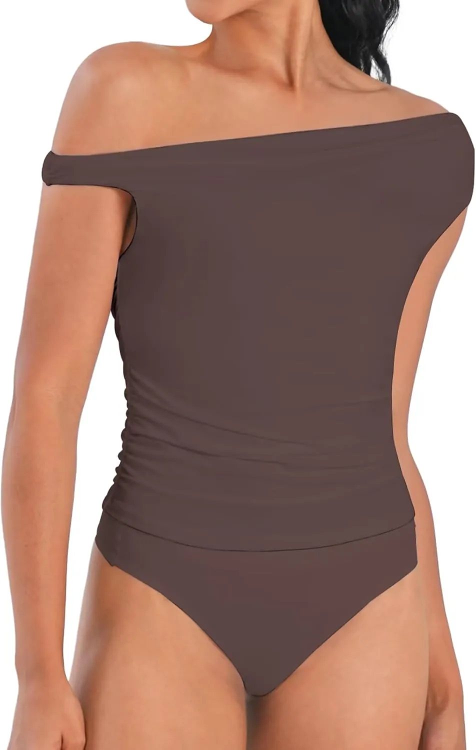 Sunzel Women's Off Shoulder Sleeveless Crop Top, Y2K Trendy Going Out Tank Shirt, Asymmetrical Neckline & Ruched Detail