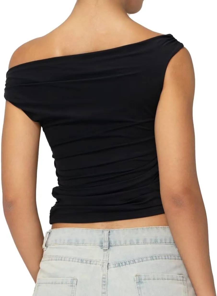 Sunzel Women's Off Shoulder Sleeveless Crop Top, Y2K Trendy Going Out Tank Shirt, Asymmetrical Neckline & Ruched Detail