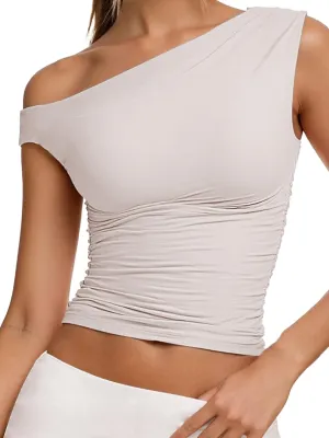 Sunzel Women's Off Shoulder Sleeveless Crop Top, Y2K Trendy Going Out Tank Shirt, Asymmetrical Neckline & Ruched Detail