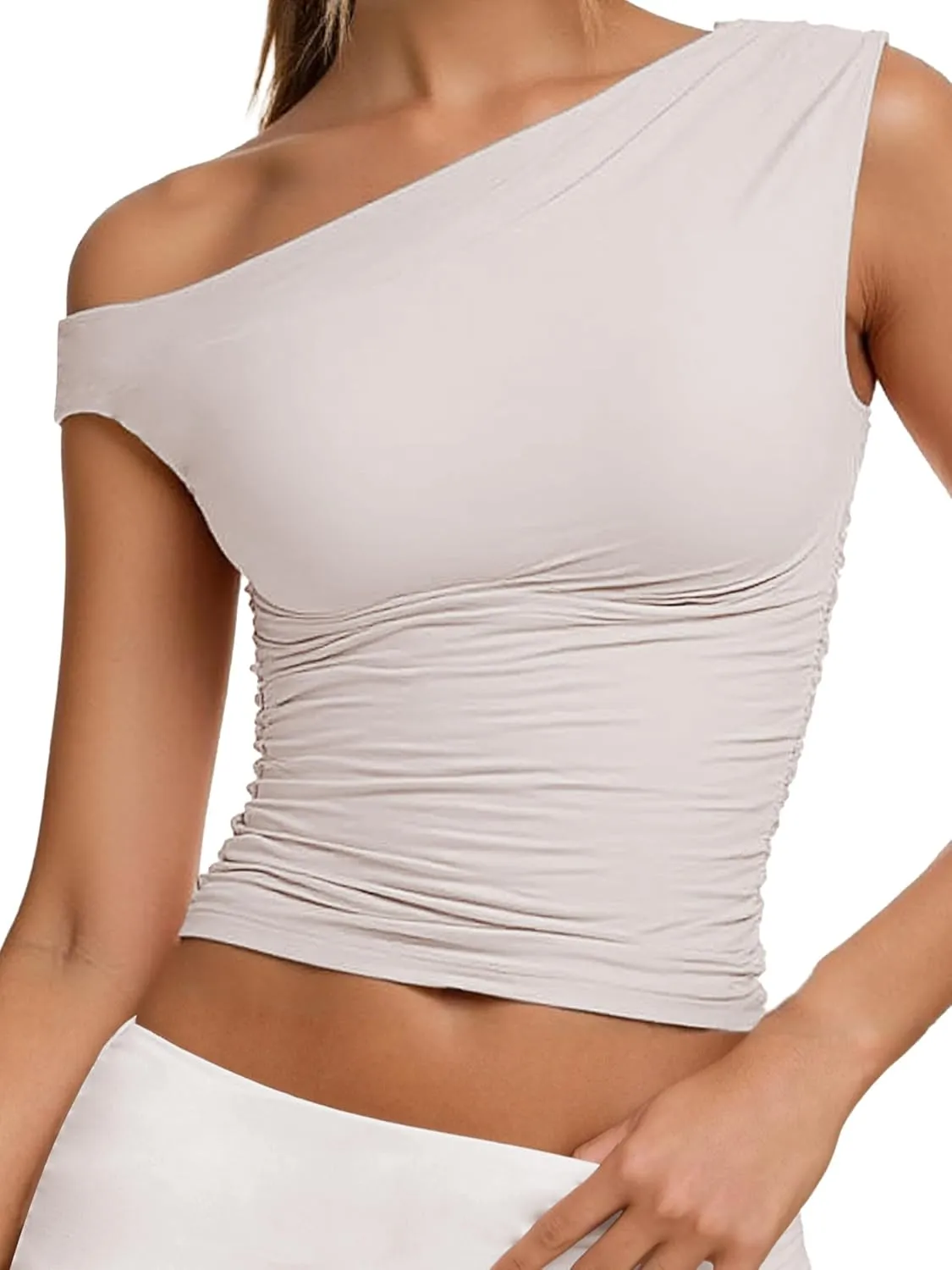 Sunzel Women's Off Shoulder Sleeveless Crop Top, Y2K Trendy Going Out Tank Shirt, Asymmetrical Neckline & Ruched Detail