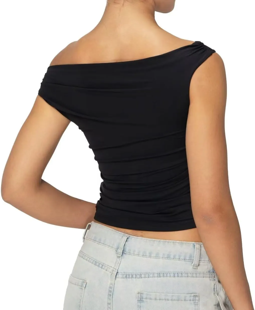 Sunzel Women's Off Shoulder Sleeveless Crop Top, Y2K Trendy Going Out Tank Shirt, Asymmetrical Neckline & Ruched Detail