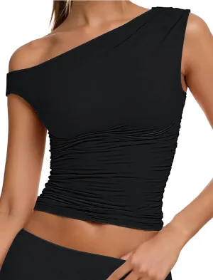 Sunzel Women's Off Shoulder Sleeveless Crop Top, Y2K Trendy Going Out Tank Shirt, Asymmetrical Neckline & Ruched Detail