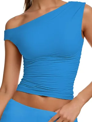 Sunzel Women's Off Shoulder Sleeveless Crop Top, Y2K Trendy Going Out Tank Shirt, Asymmetrical Neckline & Ruched Detail