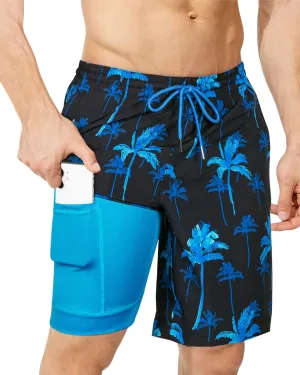 SURF CUZ 9" Mens Swim Trunks with Compression Liner Bathing Suits 2 in 1 Stretch Zipper Pockets Quick Dry