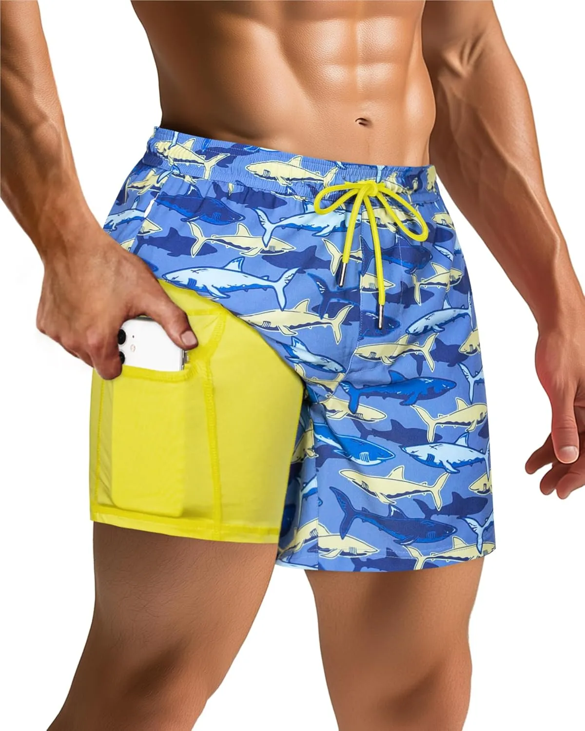 SURF CUZ Mens Swim Trunks with Compression Liner 5" Swim Shorts Quick Dry Bathing Suit Swimming Trunks Zipper Pockets