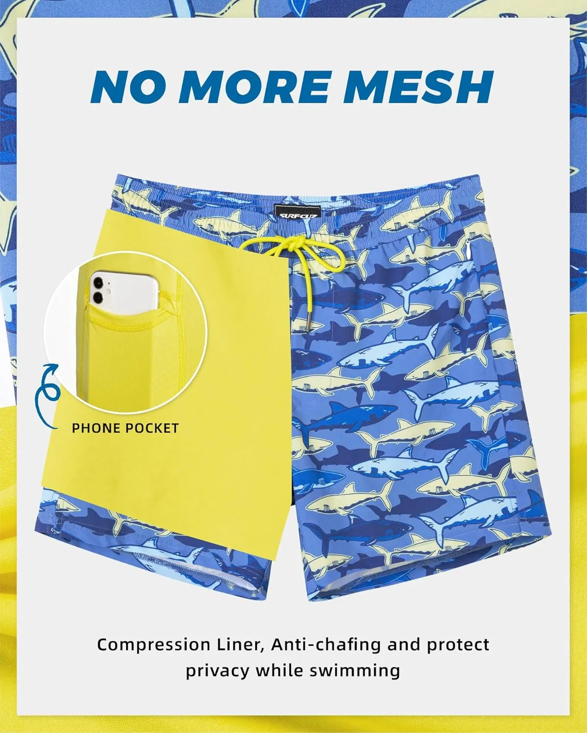 SURF CUZ Mens Swim Trunks with Compression Liner 5" Swim Shorts Quick Dry Bathing Suit Swimming Trunks Zipper Pockets